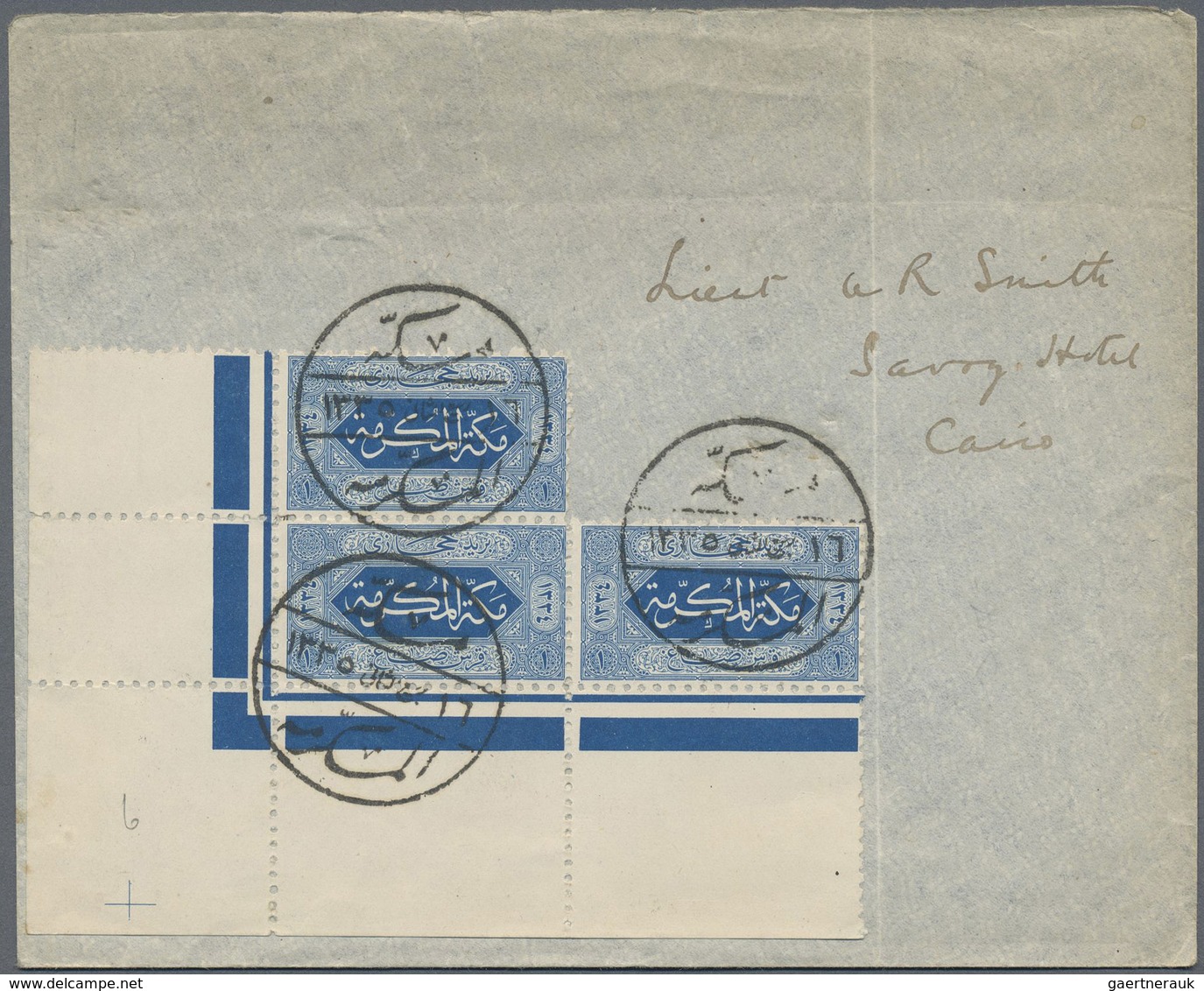 Br Saudi-Arabien - Hedschas: 1916, 1 Pia. Blue Perf 10 On Cover Tied By All Arabic "MEKKE EL MUKEREME" - Saoedi-Arabië