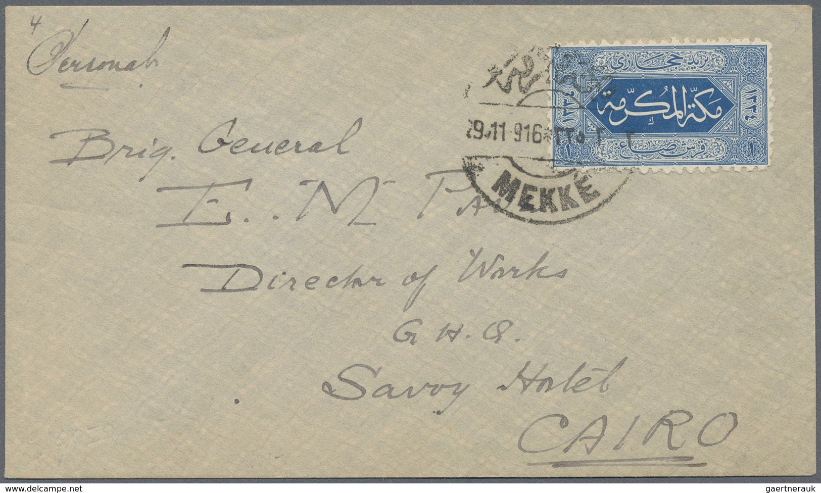 Br Saudi-Arabien - Hedschas: 1916, 1 Pia. Blue Perf 10 On Cover From "MEKKE 29/11/916" To Cairo, Fine - Saudi Arabia