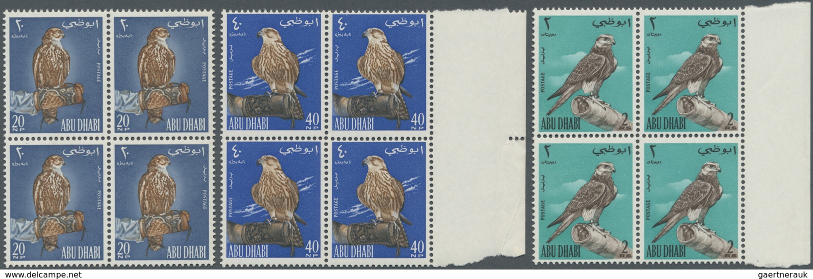 ** Abu Dhabi: 1965, Falconing, Complete Set Of Three Values As Block Of Four, Unmounted Mint. Rare Unit - Abu Dhabi