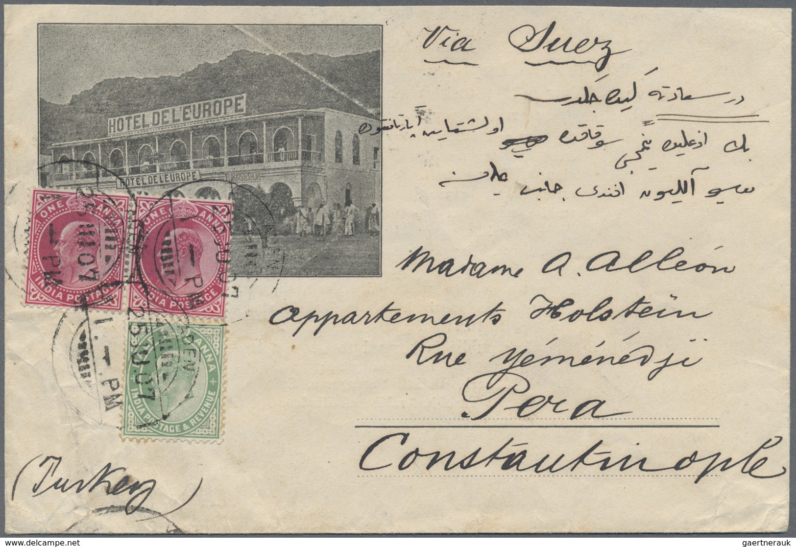 Br Aden: 1907: Printed Advertising Envelope (shortened) From HOTEL DE L'EUROPE In ADEN (with Picture On - Yemen