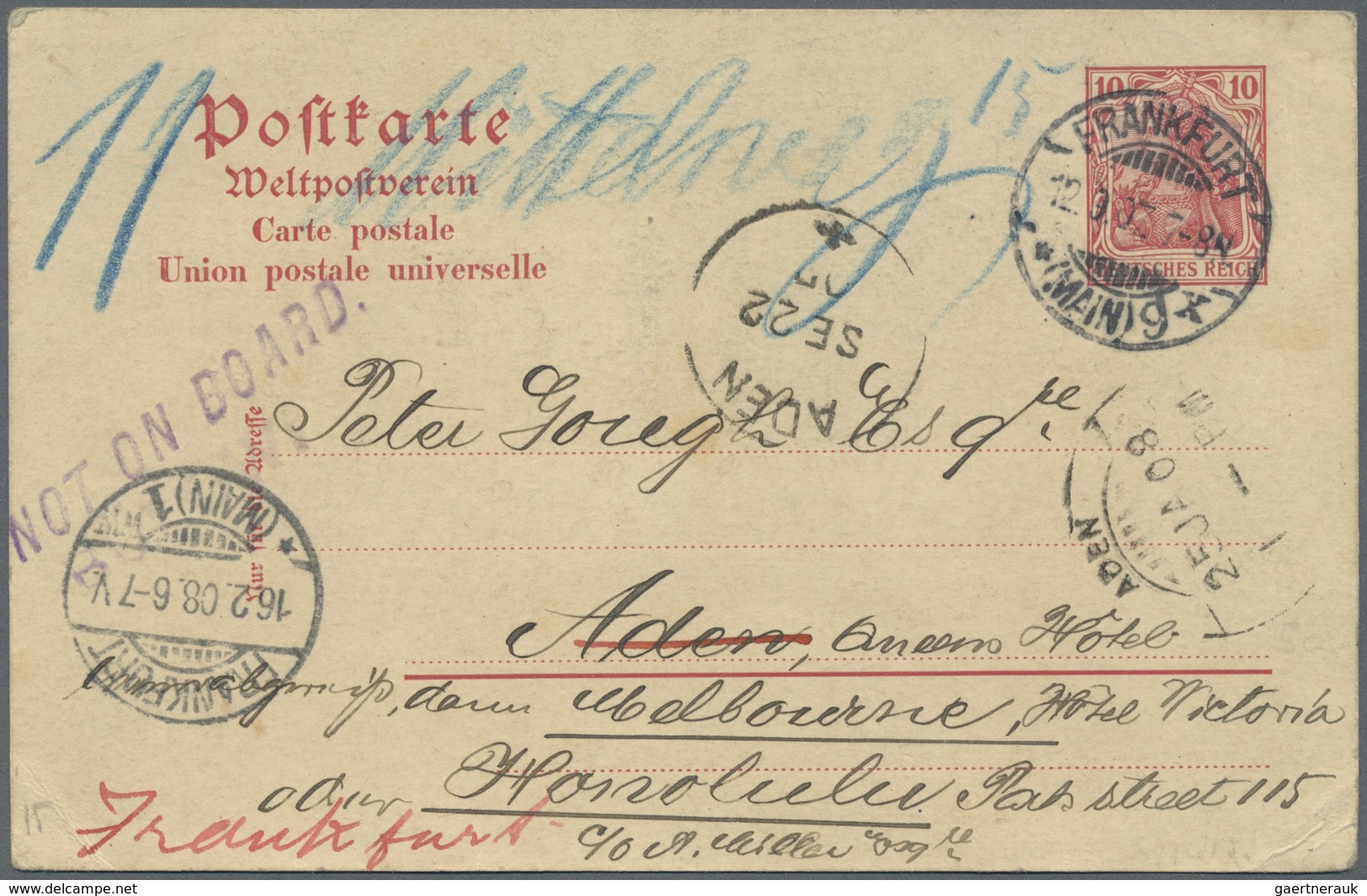 GA Aden: 1908, "ADEN SE 22 07" Transit On Germany UPU Card 10 Pf. "Frankfurt 12.09.07" To Ship  Passeng - Yemen