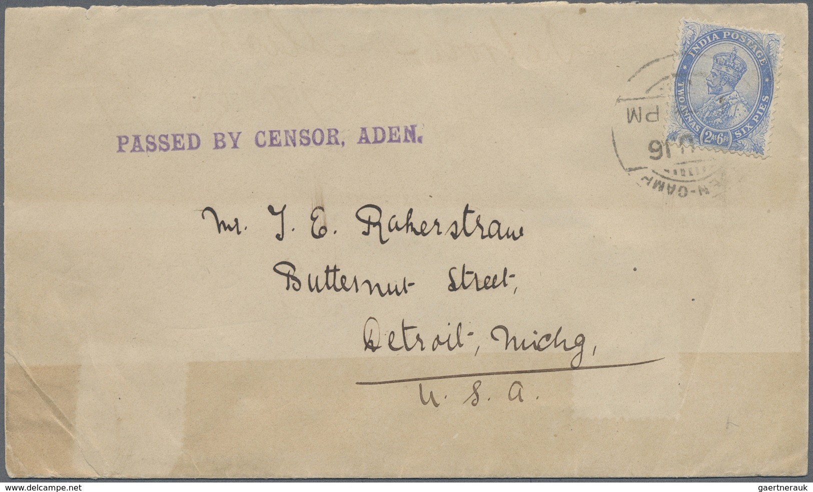 Br Aden: 1916. Envelope (stains) Addressed To The United States Bearing India SG 170, 2a6p Ultramarine - Yemen