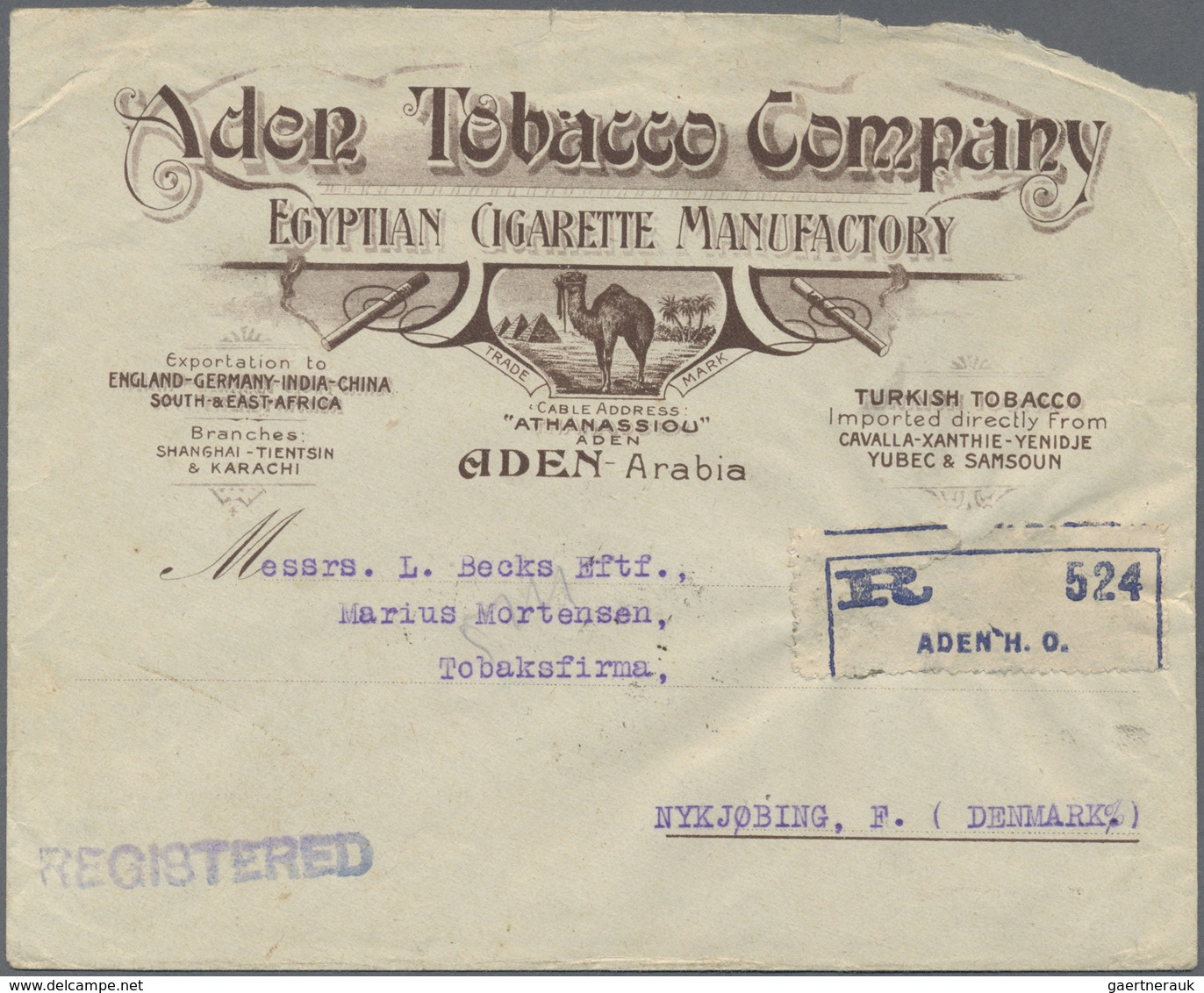 Br Aden: 1923 Illustrated 'Aden Tobacco Company' Cover Sent Registered To Denmark Via London, Franked O - Yemen