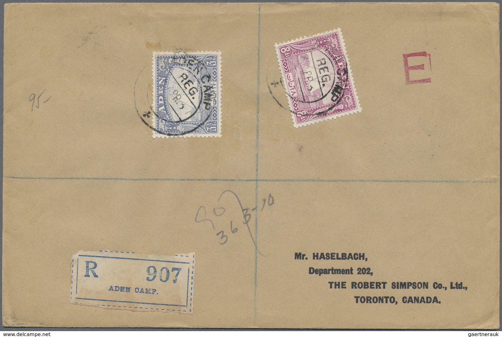 Br Aden: 1937 Registered Cover From Aden-Camp To Toronto, CANADA Franked By Dhows 3½a. And 8a. Tied By - Yemen