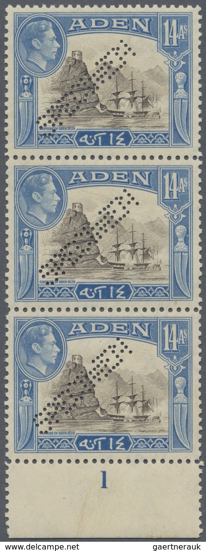 Aden: 1939-48 KGV. 14a. Sepia & Light Blue, Vertical Strip Of Three All Perforated SPECIMEN, With Lo - Yemen