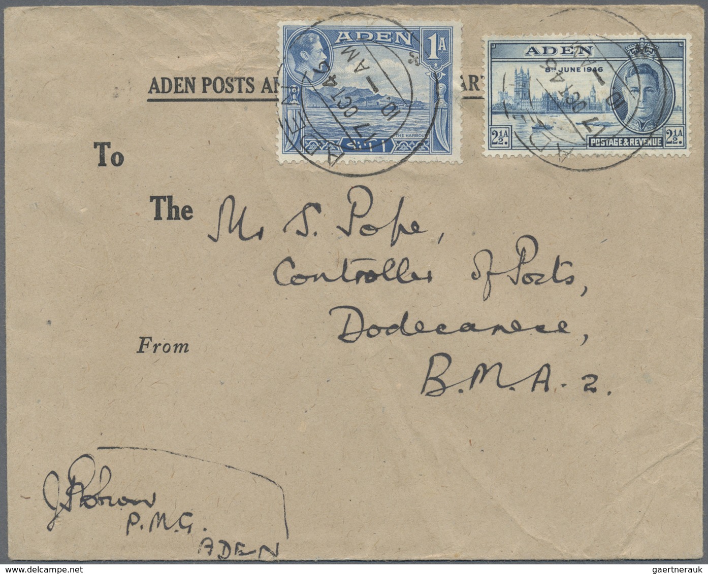 Br Aden: 1946: Cover From The P.M.G. Aden (Aden P&T Dept. Envelope) To The Controller Of Posts, Dodecan - Yemen