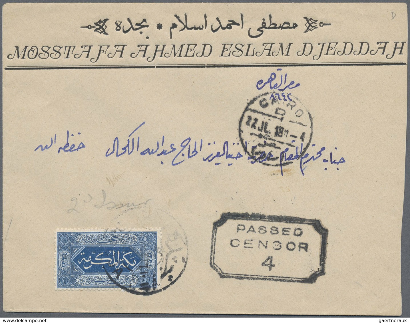 Br Saudi-Arabien - Hedschas: 1918, 1 Pia. Blue Roulette 13 On Censored Cover With Commercial Imprint Fr - Saoedi-Arabië