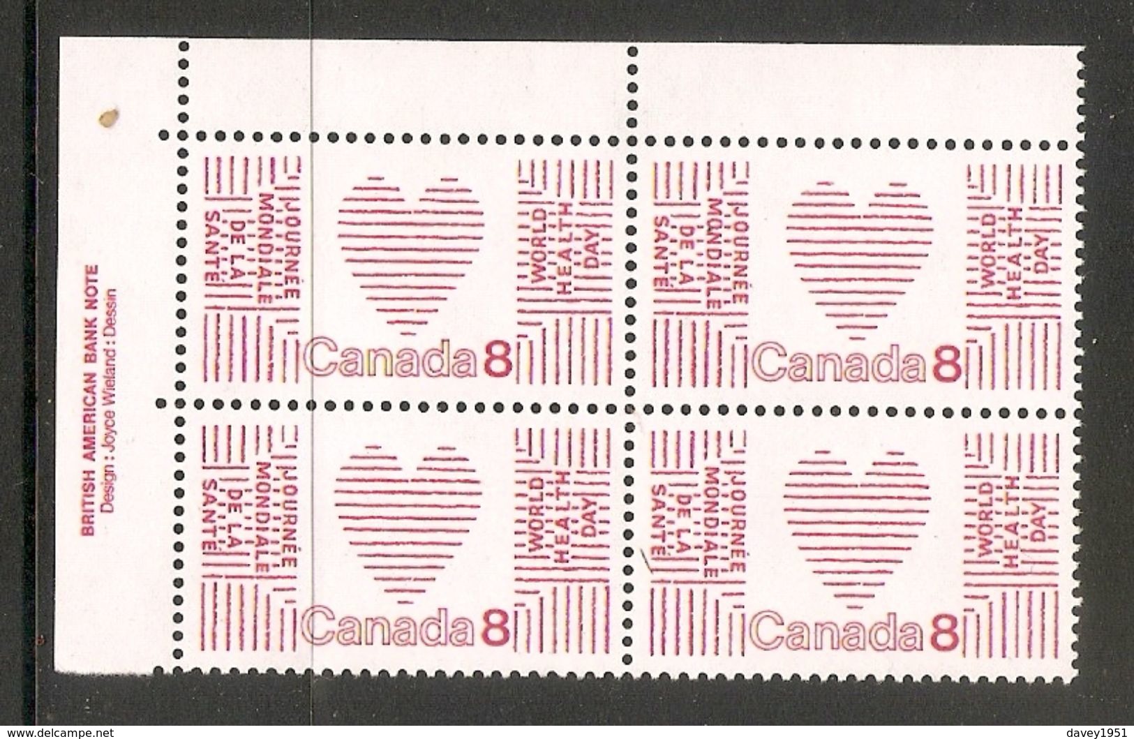 006326 Canada 1972 Health Day 8c Plate Block UL MNH - Num. Planches & Inscriptions Marge