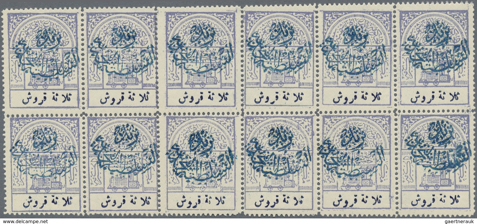 ** Saudi-Arabien - Nedschd: 1925, 3 Pia. Lilac Type I "Nejd" Blue Overprinted Block Of 12 Railway Tax I - Saoedi-Arabië