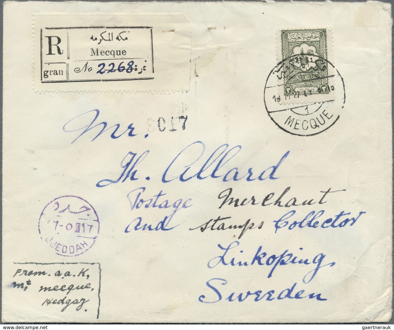 Br Saudi-Arabien - Nedschd: 1927, Registered Cover Bearing 3 Pia. Olive Green Tied By "MECQUE 1 / MEKKE - Saoedi-Arabië