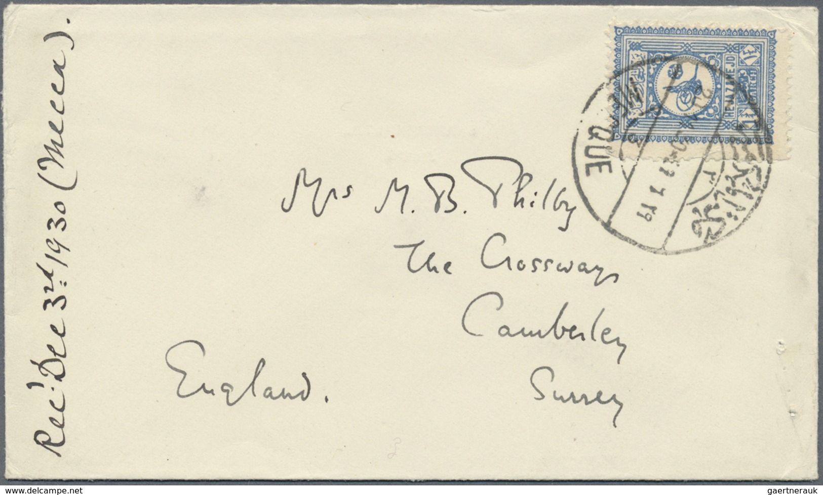 Br Saudi-Arabien - Nedschd: 1930, Cover Bearing 1 Pia. Grey Blue Tied By "MECQUE 3 / MEKKE El-MUKERREME - Saudi Arabia