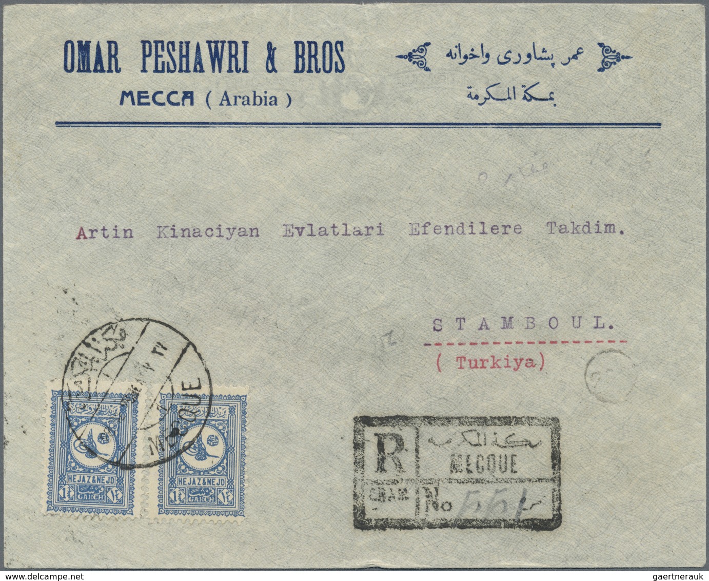 Br Saudi-Arabien - Nedschd: 1929, Registered Commercial Cover Bearing Two 1 3/4 Pia. Grey Blue Tied By - Saoedi-Arabië