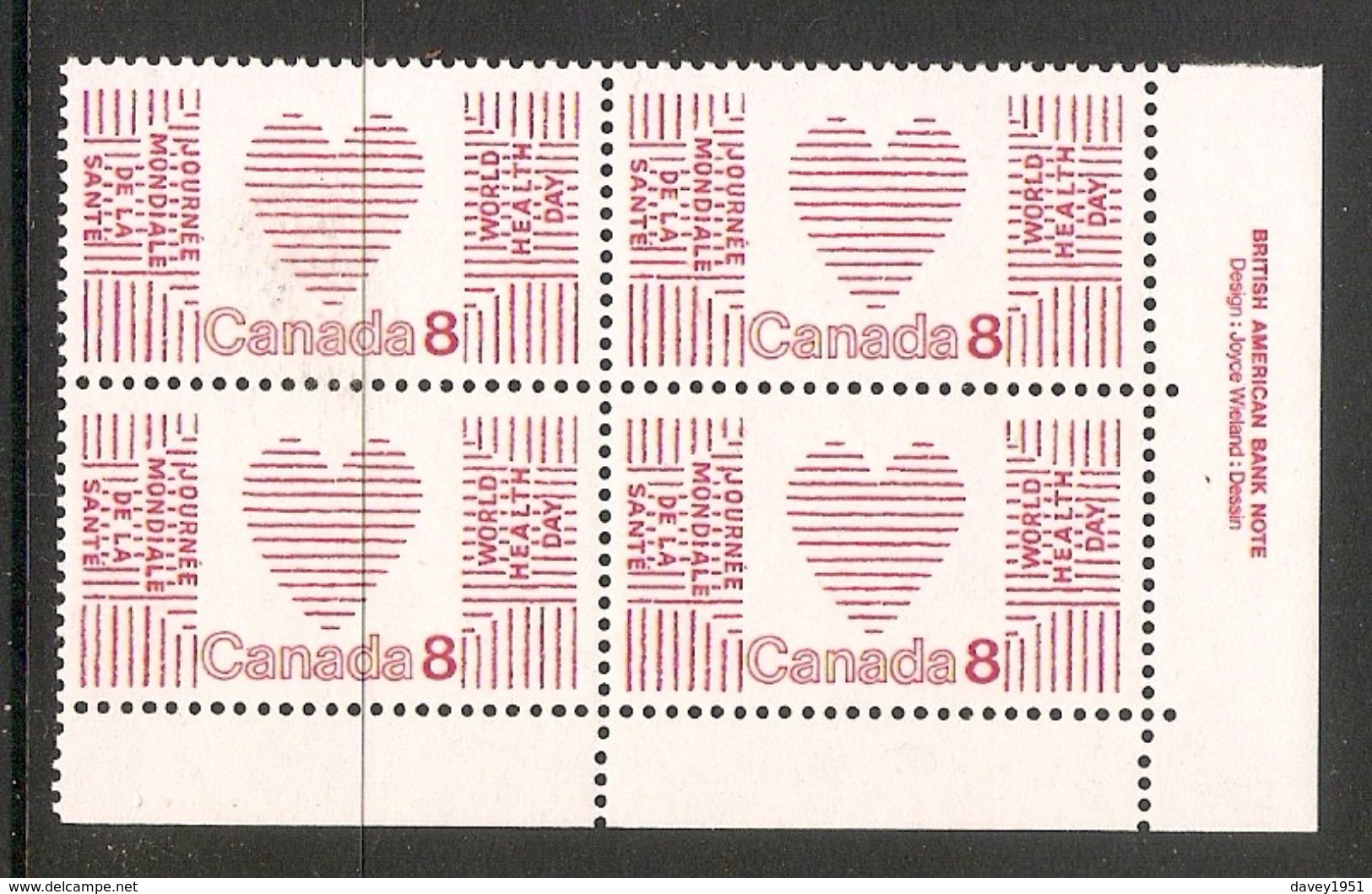 006327 Canada 1972 Health Day 8c Plate Block LR MNH - Plate Number & Inscriptions