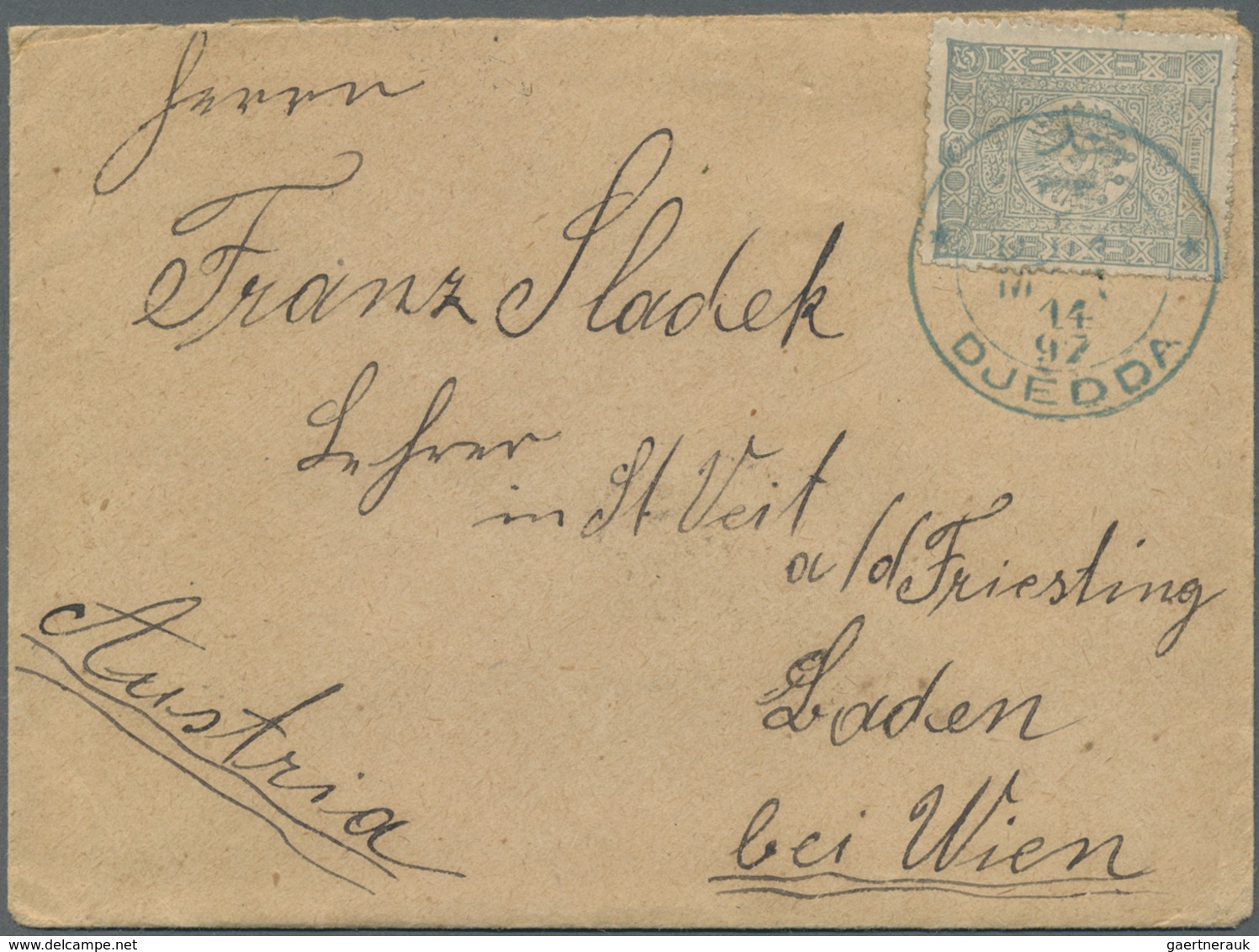 Br Saudi-Arabien - Stempel: 1897, "DJEDDA 14/3/97" (Coles Walker No.10) In Blue On Cover Bearing 1 Pia. - Saudi Arabia