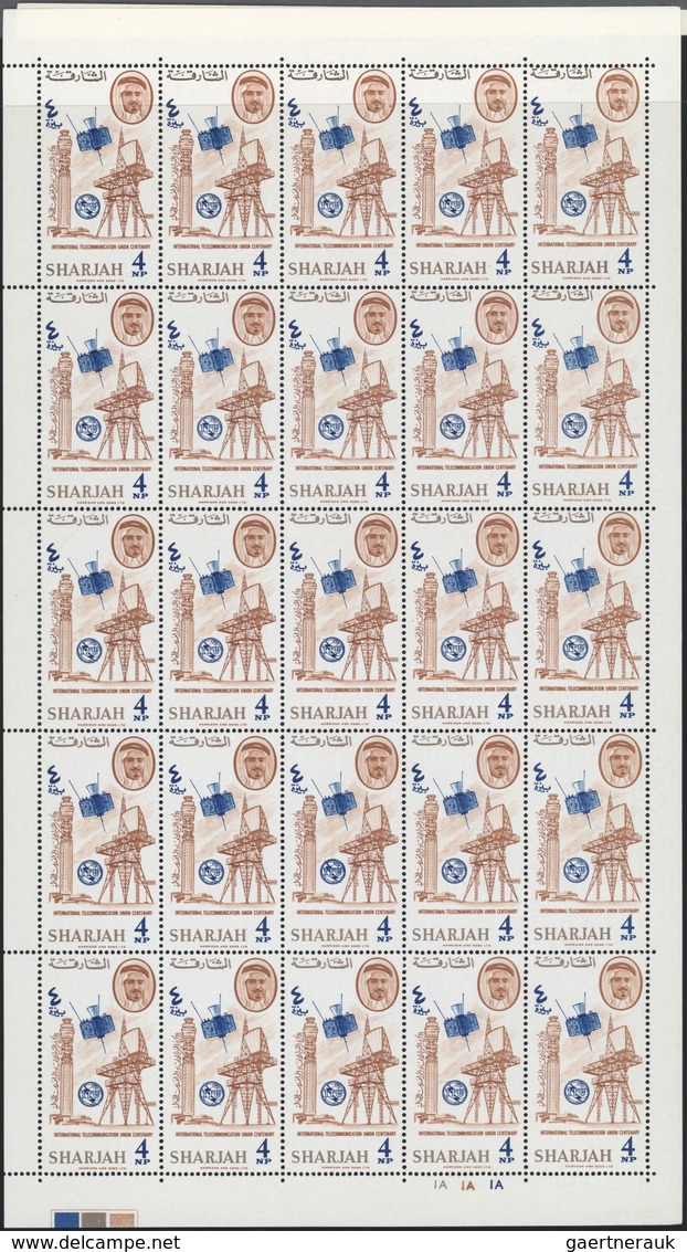 ** Schardscha / Sharjah: 1965, ITU, perf. issue, complete set of eight values in sheets of 25 stamps wi