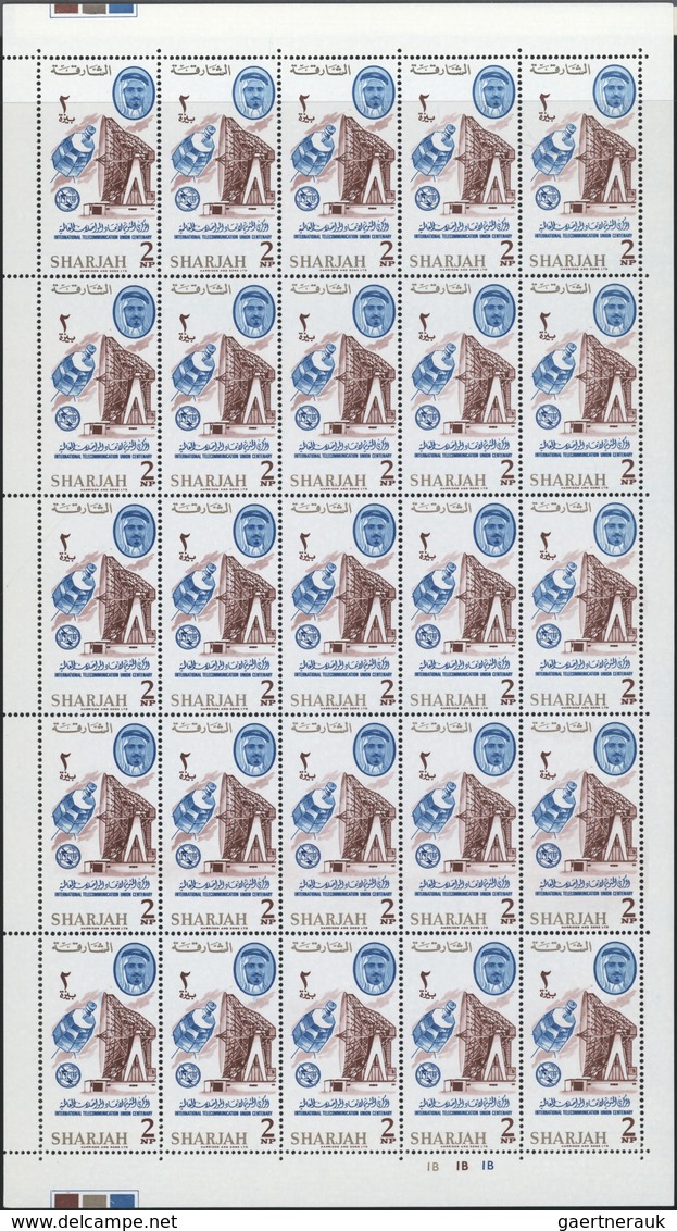 ** Schardscha / Sharjah: 1965, ITU, perf. issue, complete set of eight values in sheets of 25 stamps wi