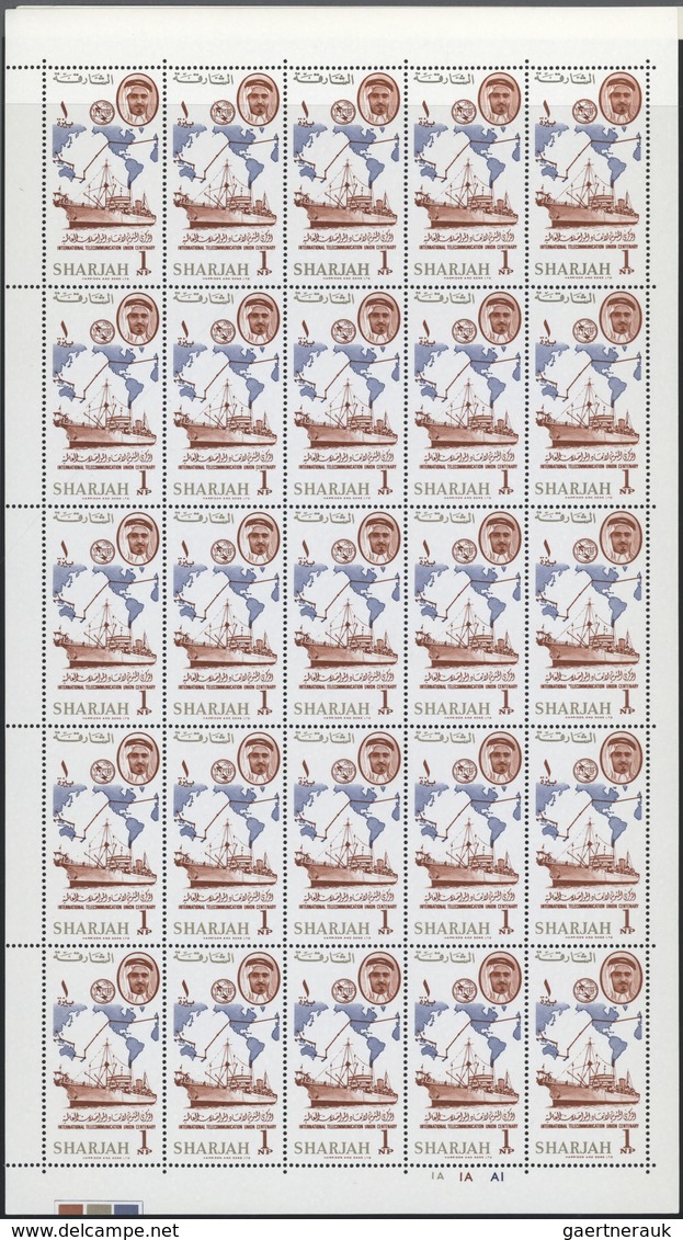 ** Schardscha / Sharjah: 1965, ITU, perf. issue, complete set of eight values in sheets of 25 stamps wi