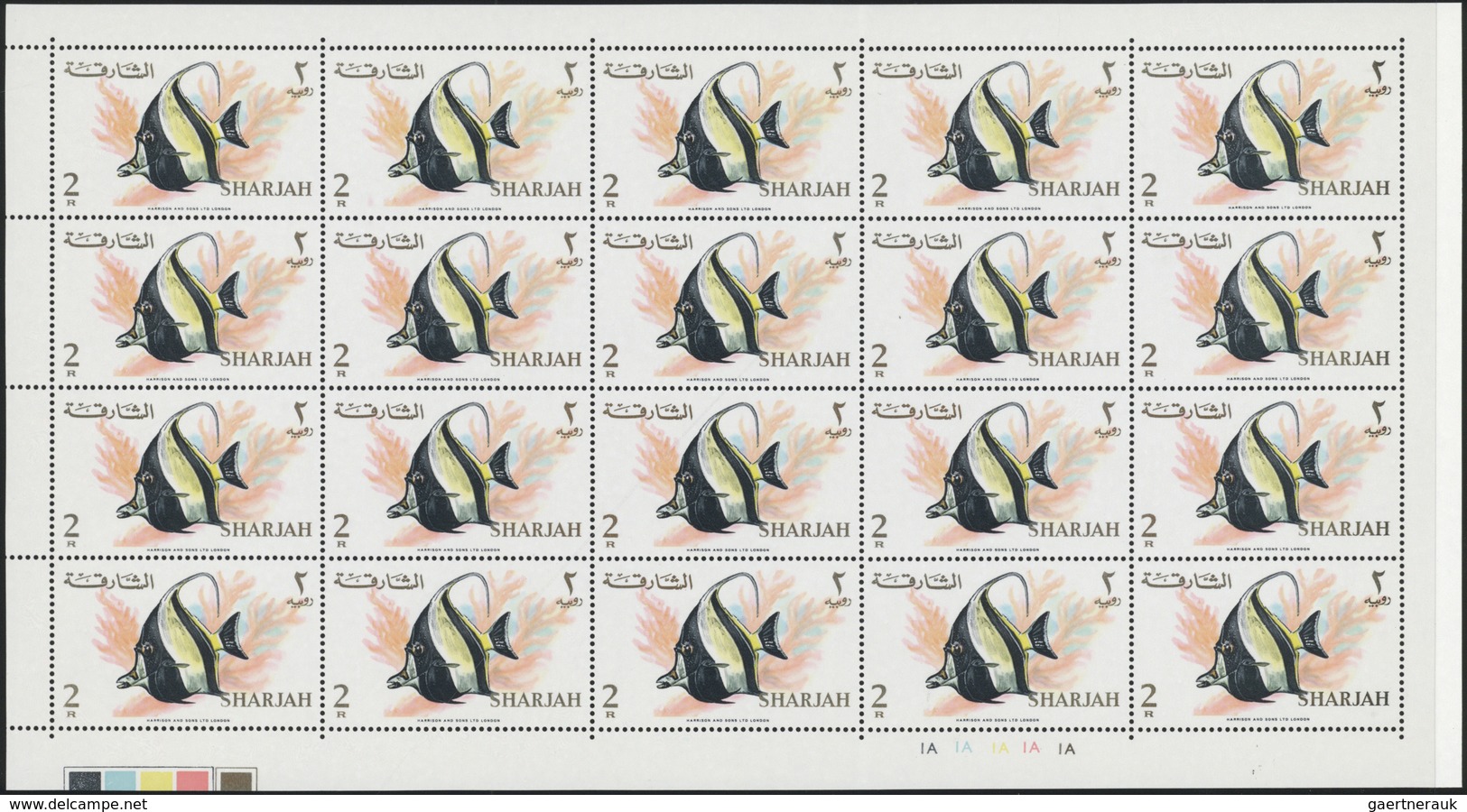 ** Schardscha / Sharjah: 1966, Fishes, 1np. to 10r., complete set of 17 values as (folded) sheets of 20