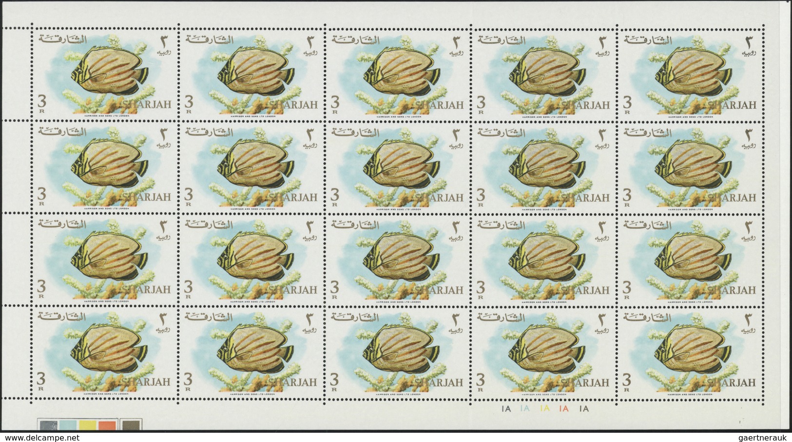 ** Schardscha / Sharjah: 1966, Fishes, 1np. to 10r., complete set of 17 values as (folded) sheets of 20