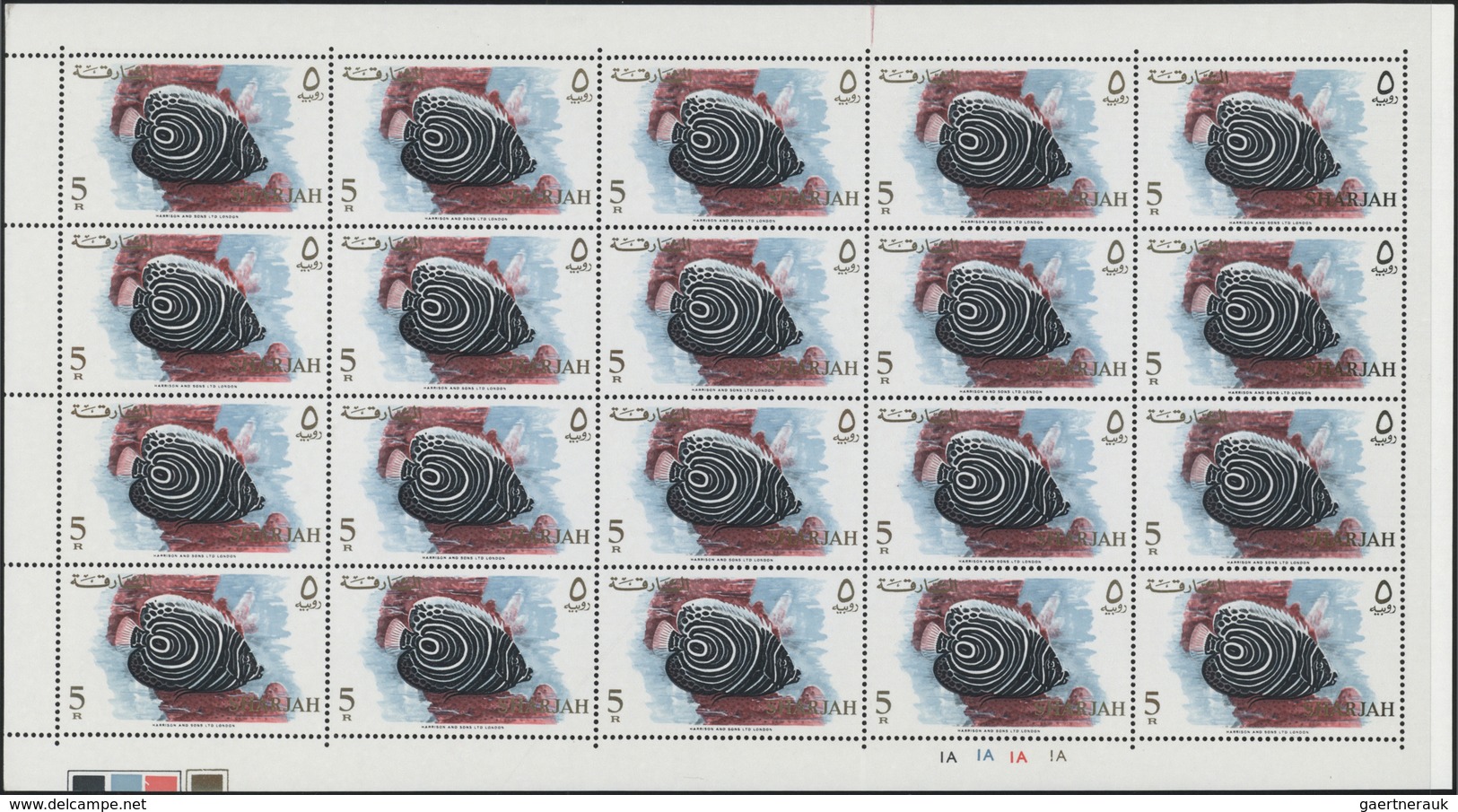 ** Schardscha / Sharjah: 1966, Fishes, 1np. to 10r., complete set of 17 values as (folded) sheets of 20