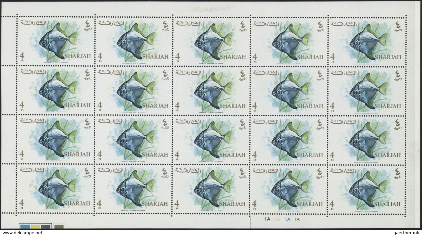 ** Schardscha / Sharjah: 1966, Fishes, 1np. to 10r., complete set of 17 values as (folded) sheets of 20