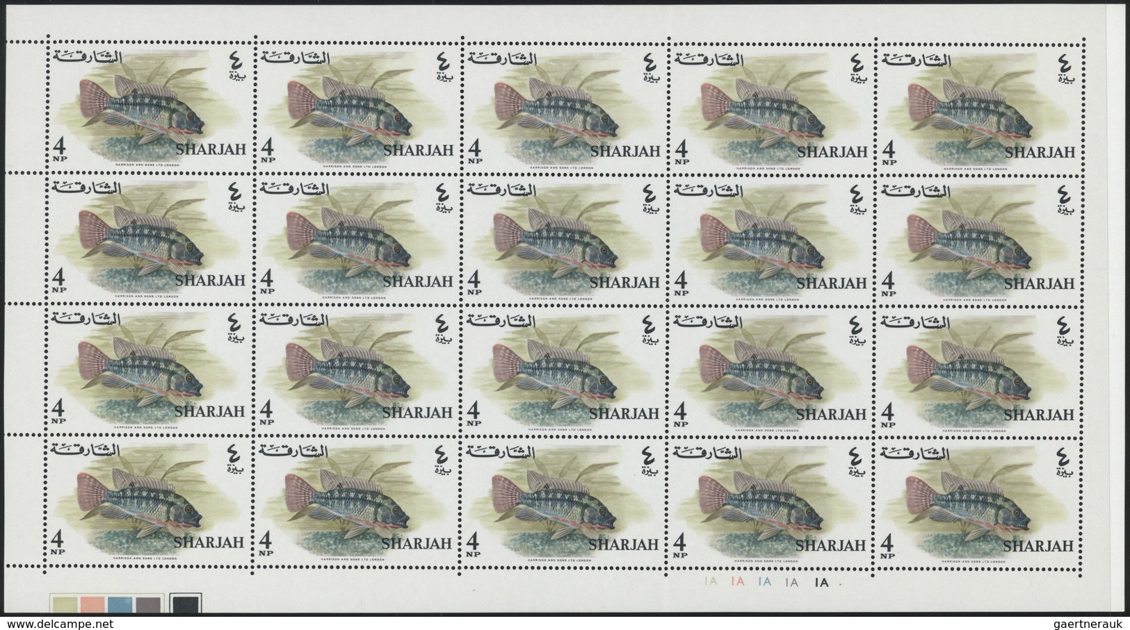 ** Schardscha / Sharjah: 1966, Fishes, 1np. to 10r., complete set of 17 values as (folded) sheets of 20