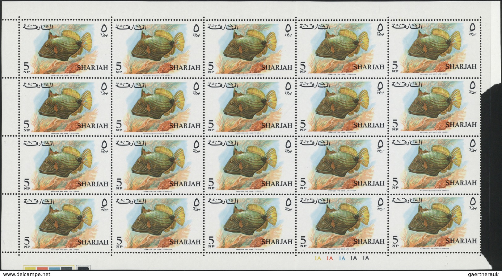 ** Schardscha / Sharjah: 1966, Fishes, 1np. to 10r., complete set of 17 values as (folded) sheets of 20