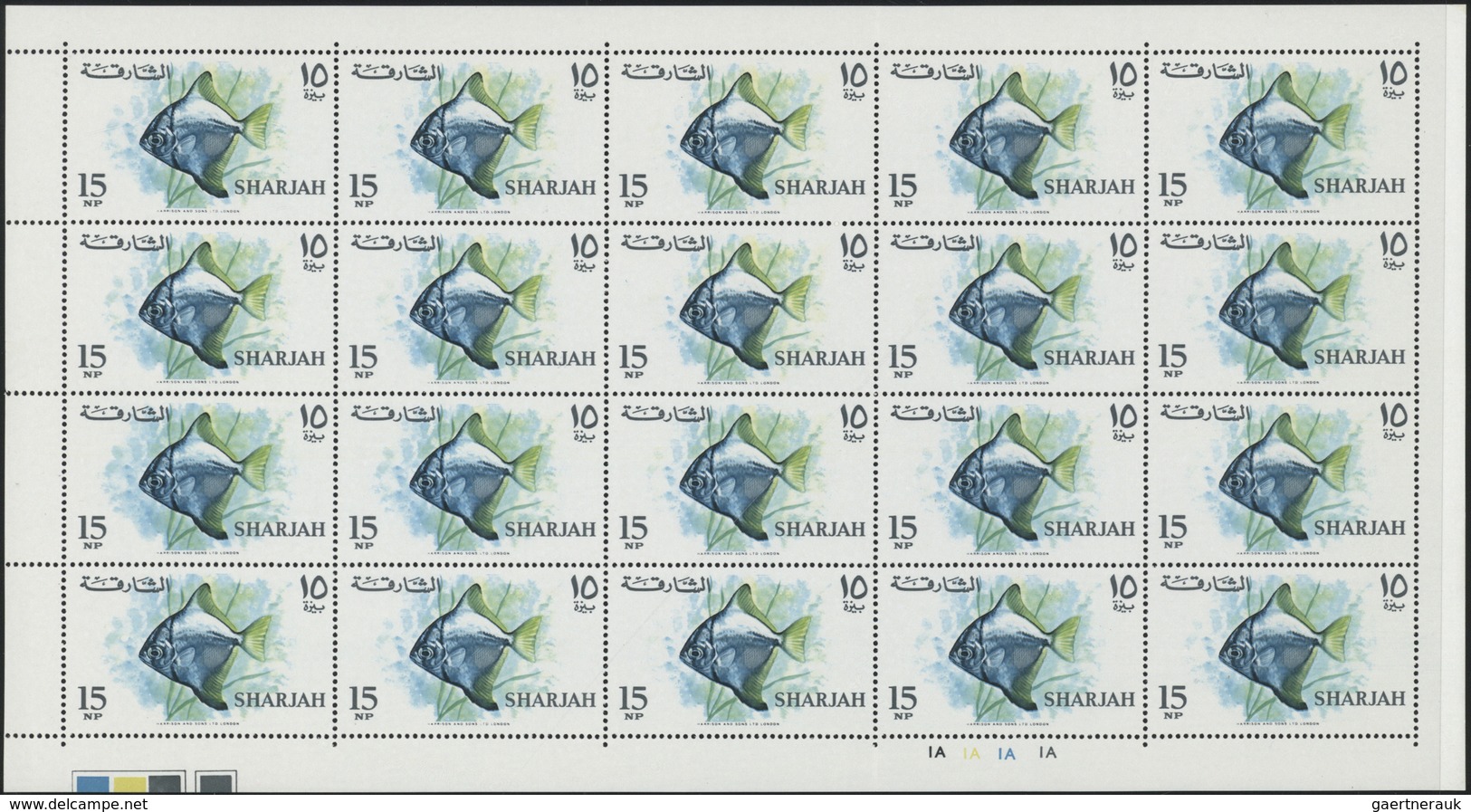 ** Schardscha / Sharjah: 1966, Fishes, 1np. to 10r., complete set of 17 values as (folded) sheets of 20