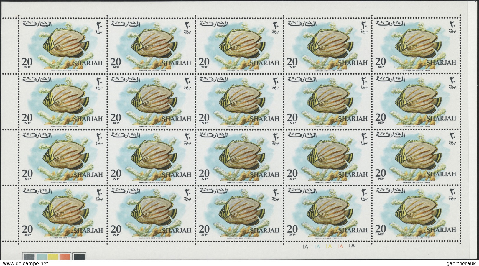 ** Schardscha / Sharjah: 1966, Fishes, 1np. to 10r., complete set of 17 values as (folded) sheets of 20