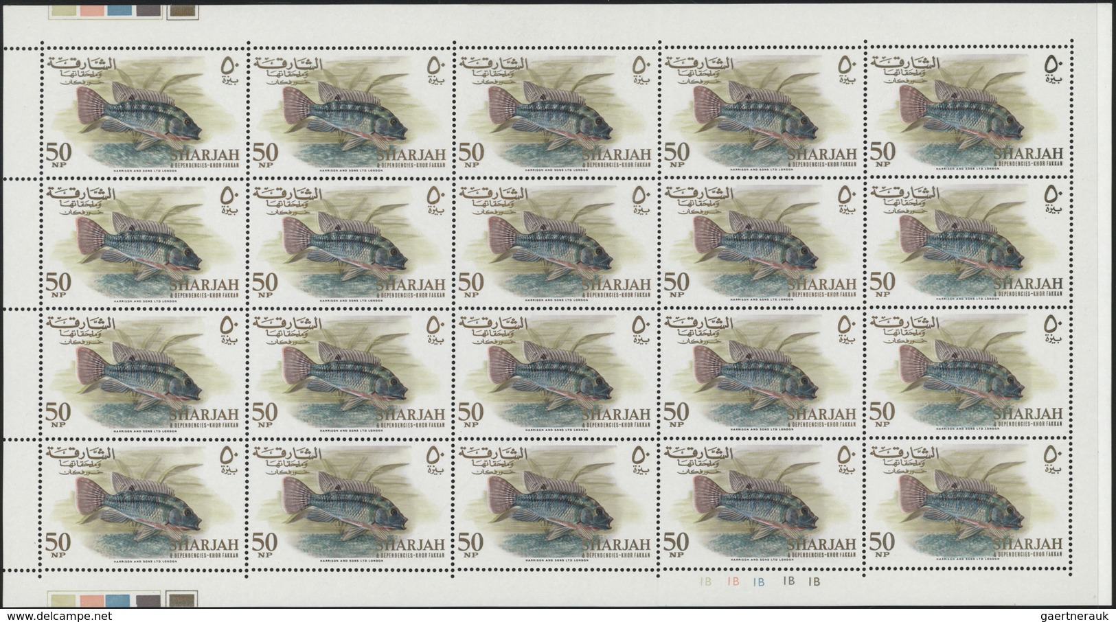 ** Schardscha / Sharjah: 1966, Fishes, 1np. to 10r., complete set of 17 values as (folded) sheets of 20