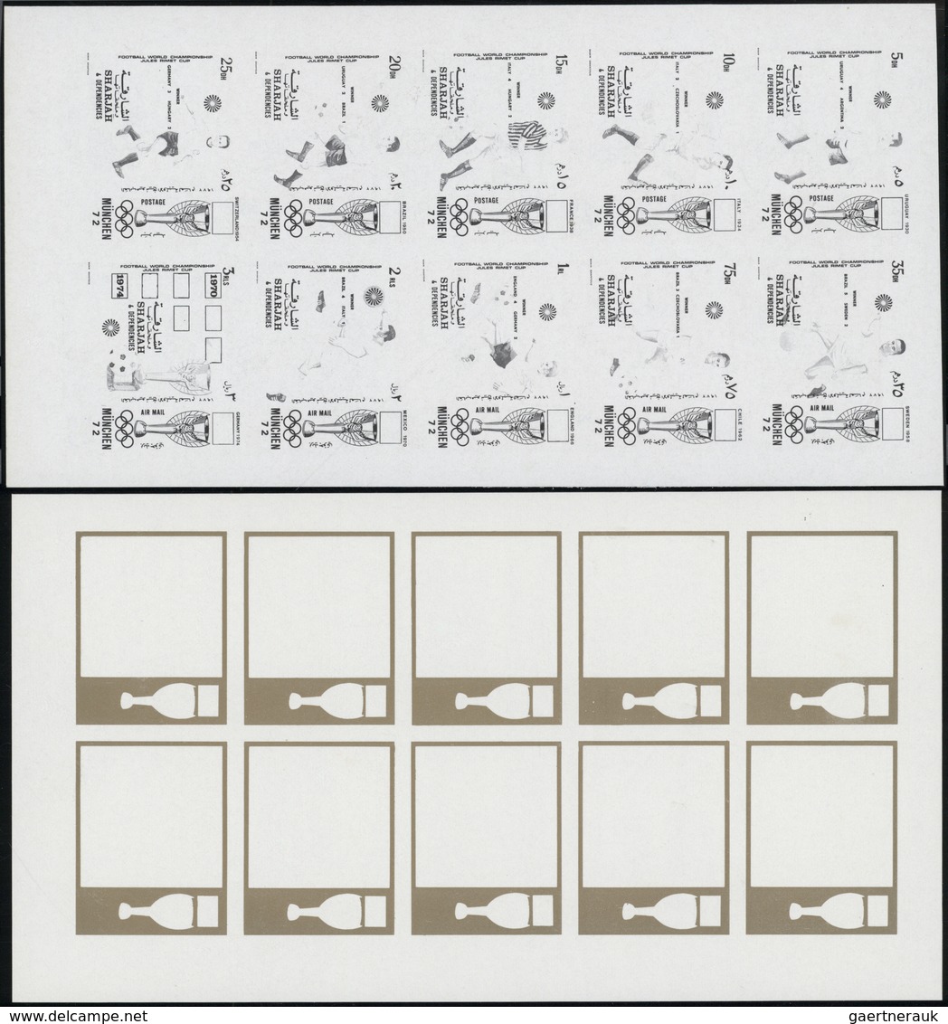 ** Schardscha / Sharjah: 1972, Jules Rimet Cup, Group Of Eight Imperforate Stage Proof Sheets (with Ten - Sharjah