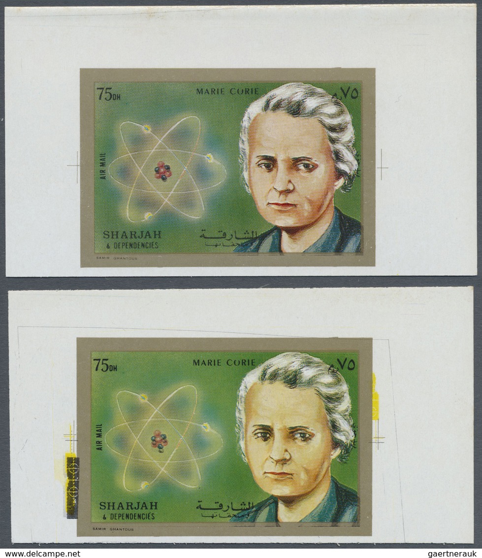 ** Schardscha / Sharjah: 1972, Scientists Marie CURIE 75dh. Two Imperforate PROOFS On Gummed Paper Incl - Sharjah