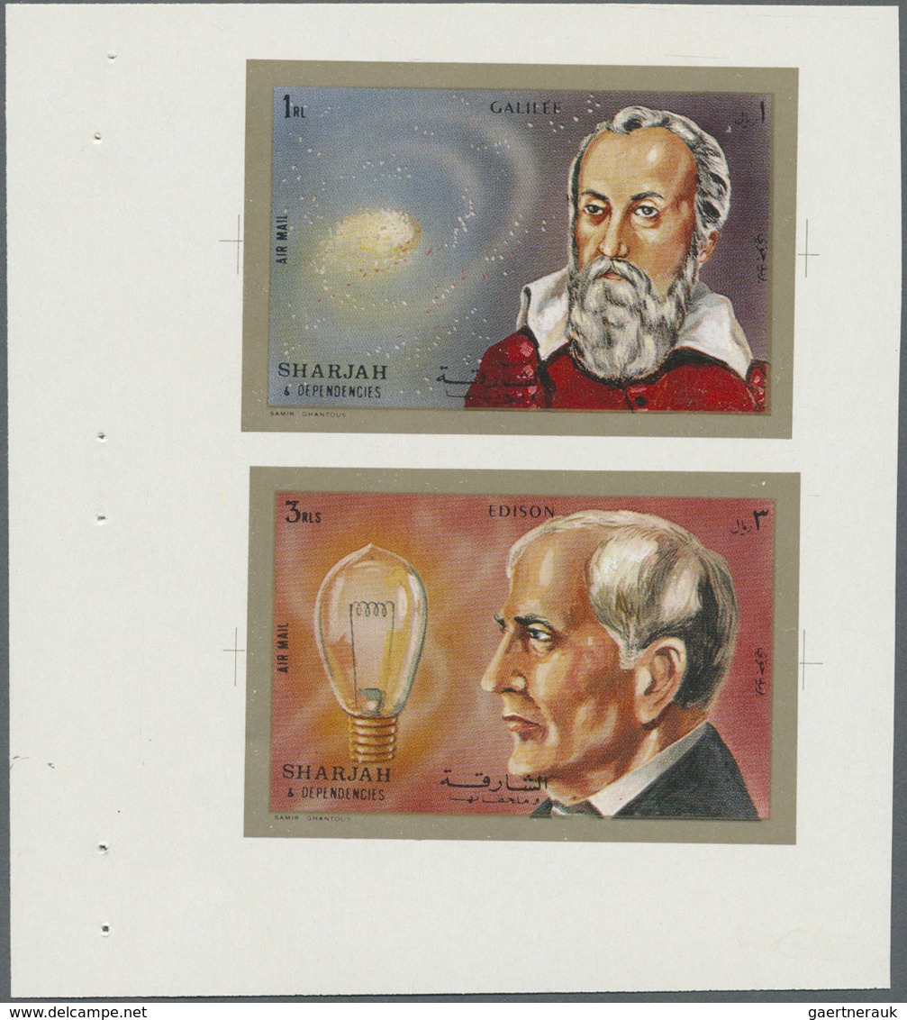 ** Schardscha / Sharjah: 1972, Scientists Galilei 1r. and Edison 3r. printed together in sheet form in