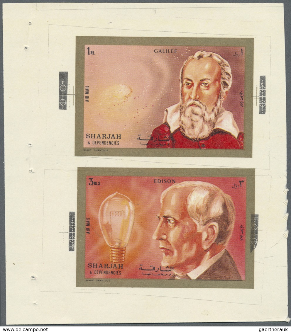 ** Schardscha / Sharjah: 1972, Scientists Galilei 1r. and Edison 3r. printed together in sheet form in