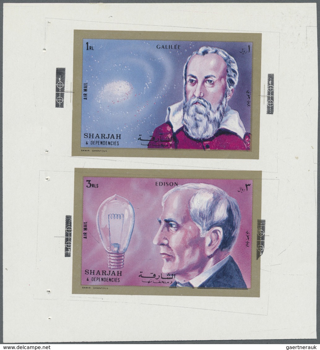 ** Schardscha / Sharjah: 1972, Scientists Galilei 1r. and Edison 3r. printed together in sheet form in