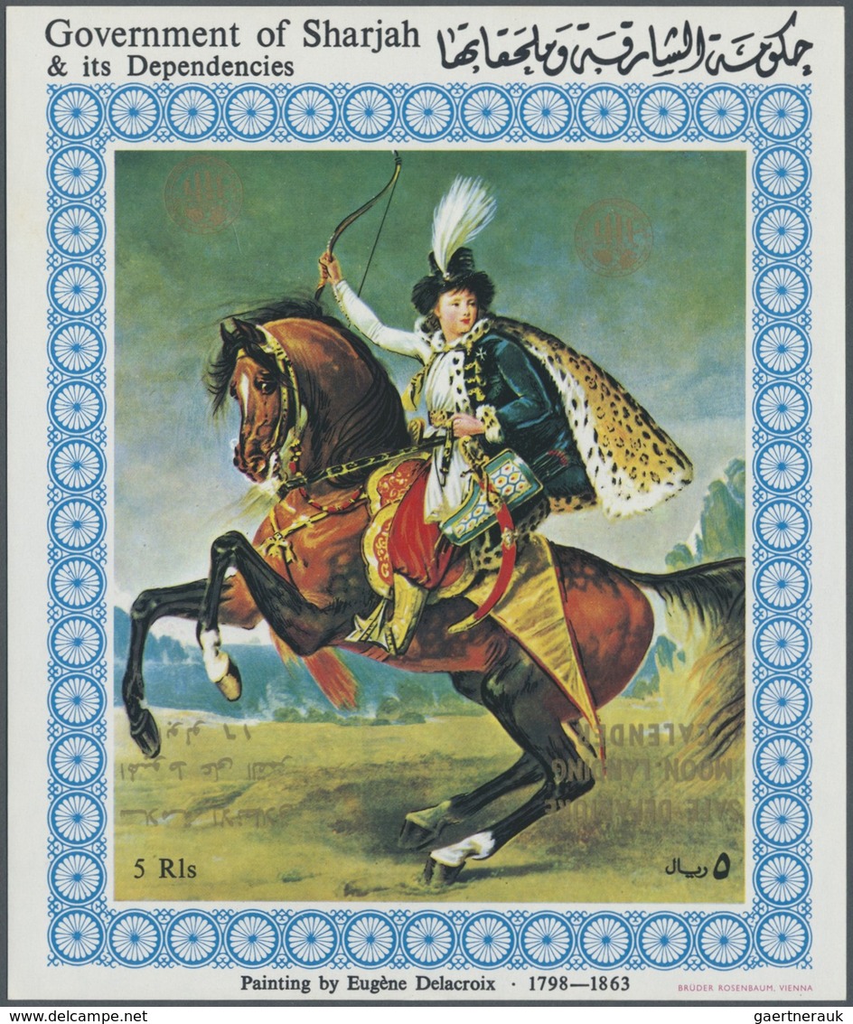 ** Schardscha / Sharjah: 1972, Horsemen, 5r. Souvenir Sheet (Delacroix Painting), Four Copies With Gold - Sharjah