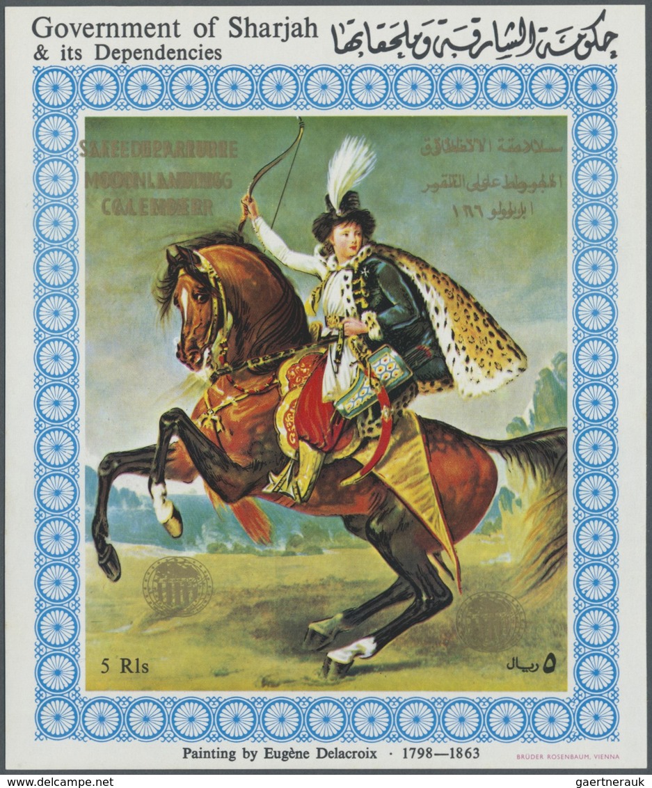 ** Schardscha / Sharjah: 1972, Horsemen, 5r. Souvenir Sheet (Delacroix Painting), Four Copies With Gold - Sharjah