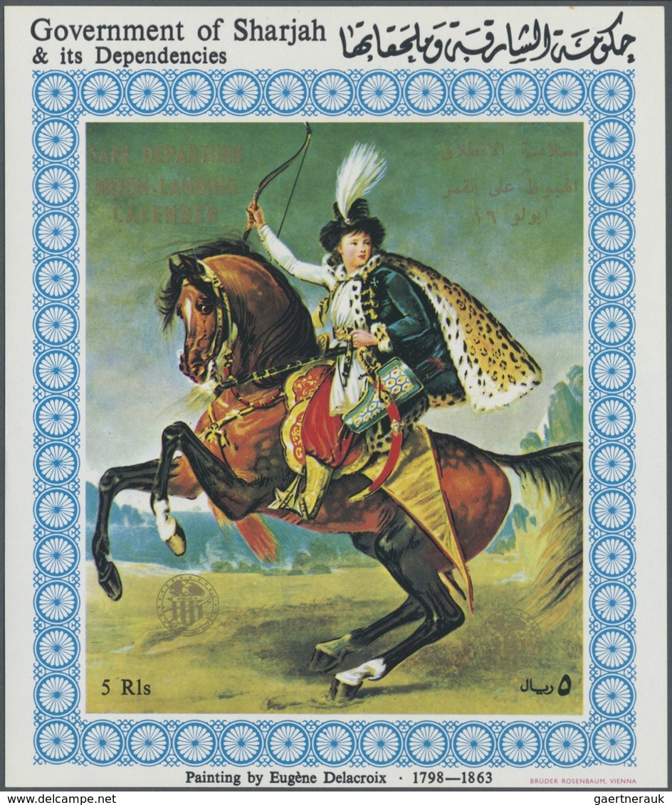 ** Schardscha / Sharjah: 1972, Horsemen, 5r. souvenir sheet (Delacroix painting), four copies with gold