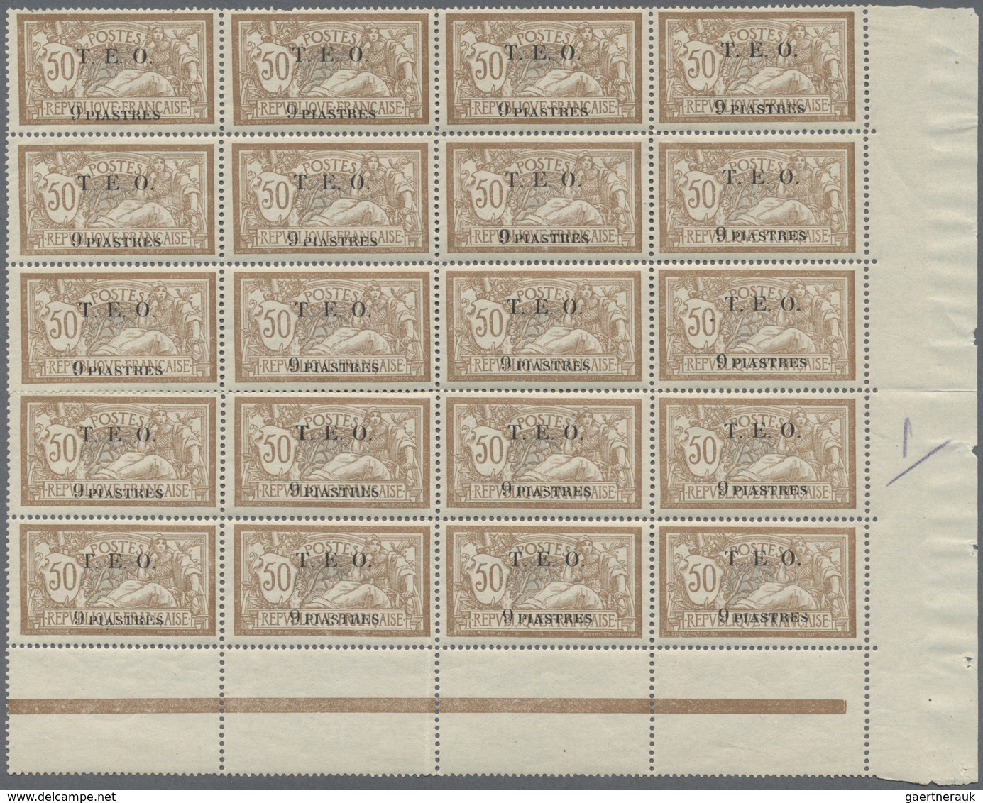 */** Syrien: 1919, T.E.O. Overprints, 9pi. On 50c. Brown/blue, Right Marginal Block Of 20 (partly Separat - Syrië