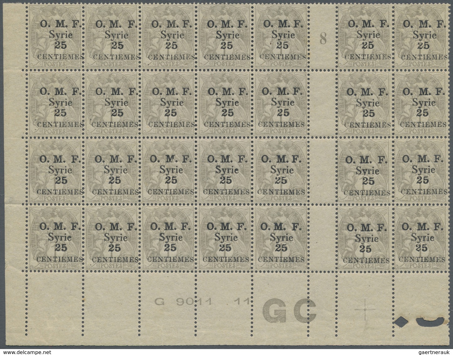 **/* Syrien: 1920, 25c. On 1c. Grey, Plate Block Of 28 From The Lower Left Corner Of The Sheet Incl. Four - Syrië