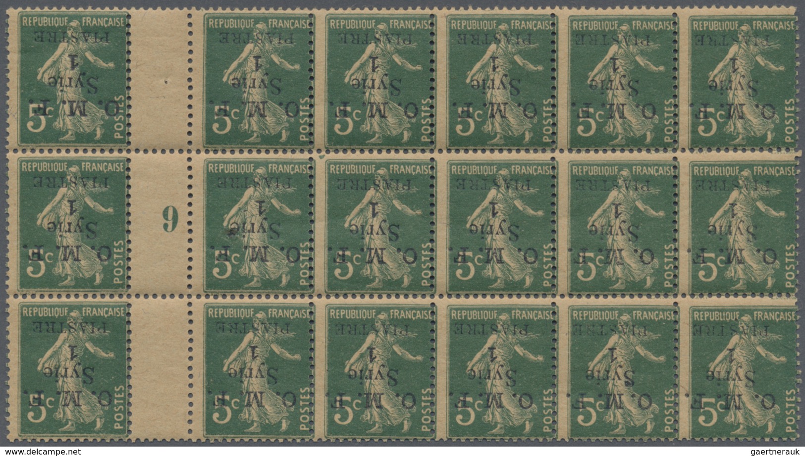 ** Syrien: 1920, O.M.F. 1pi. On 5c. Green, Gutter Block Of 18 With Inverted Overprint (one Stamp Pin Ho - Syria