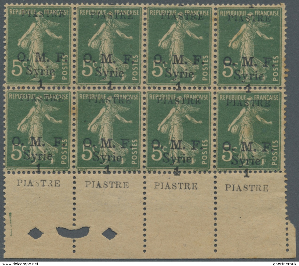 (*) Syrien: 1920, 5c. Dark Green With Black Opt. 'O.M.F. Syrie 1 PIASTRE' Block Of Eight From Lower Marg - Syria