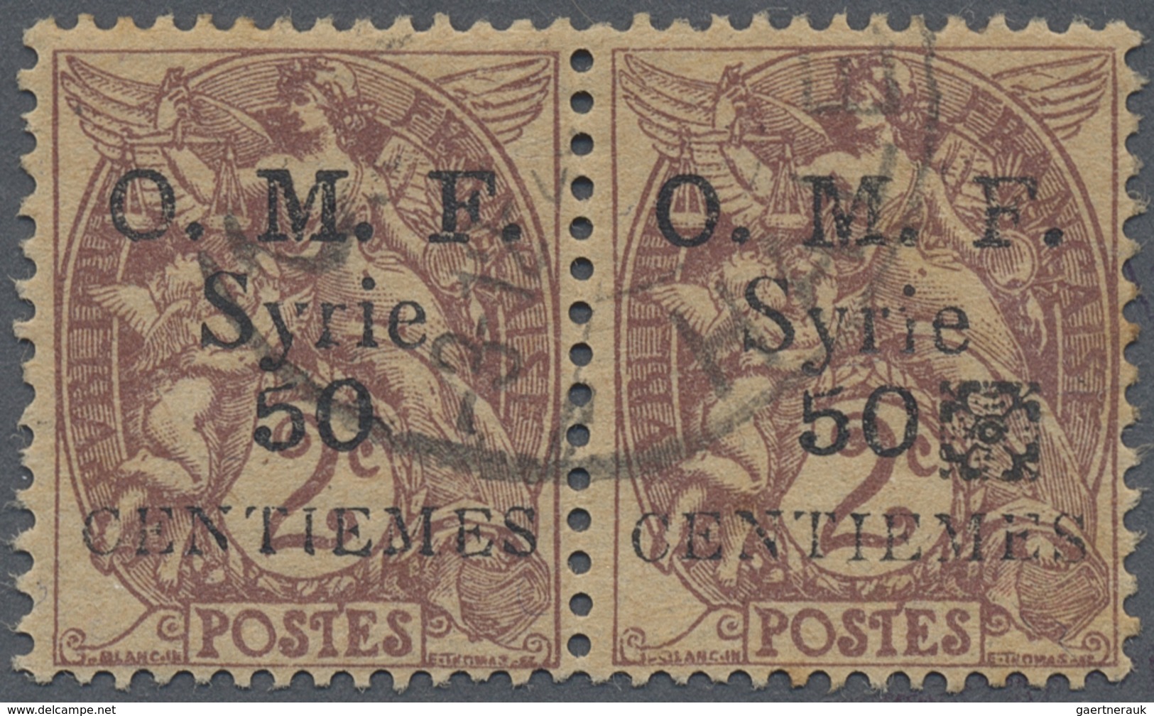 O Syrien: 1920, Squared Alep Overprints, 50c. On 2c. Lilac-brown, Horiz. Pair Used, Left Stamp WITHOUT - Syria