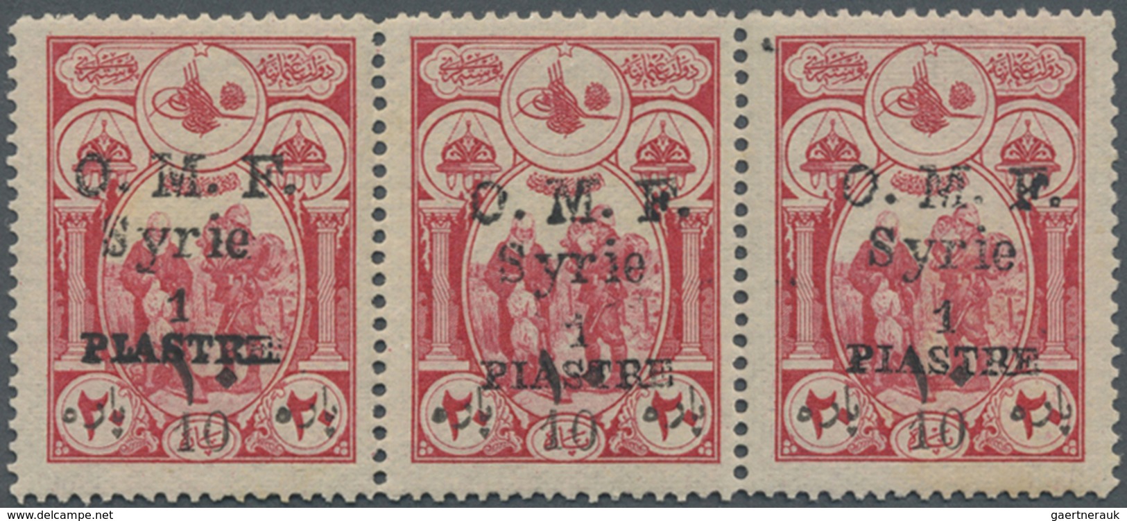 ** Syrien: 1921, Aïn-Tab Issue, Black Overprint, 1pi. On 10pa. On 20pa. Carmine, Horiz. Strip Of Three - Syria