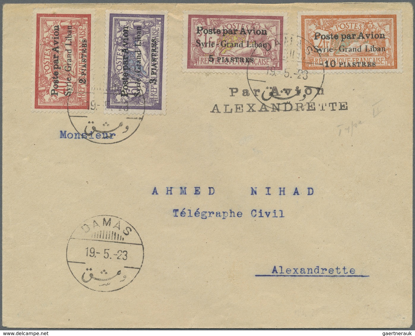 Syrien: 1923, Two Air Mail Overprinted Sets On Covers From DAMAS To ALEXANDRETTE And Egypt, One Stam - Syria