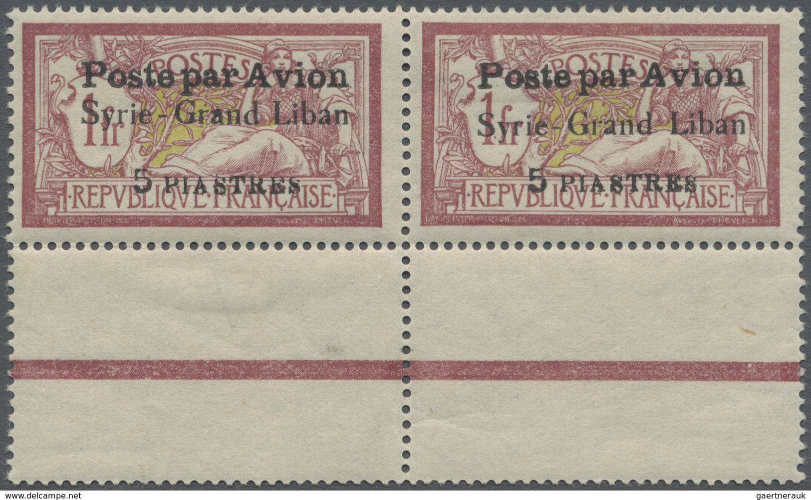 **/* Syrien: 1923, Airmails "Syrie-Grand Liban", Wide Spacing 3¾mm, 5pi. On 1fr. Red/green, Horiz. Pair, - Syria