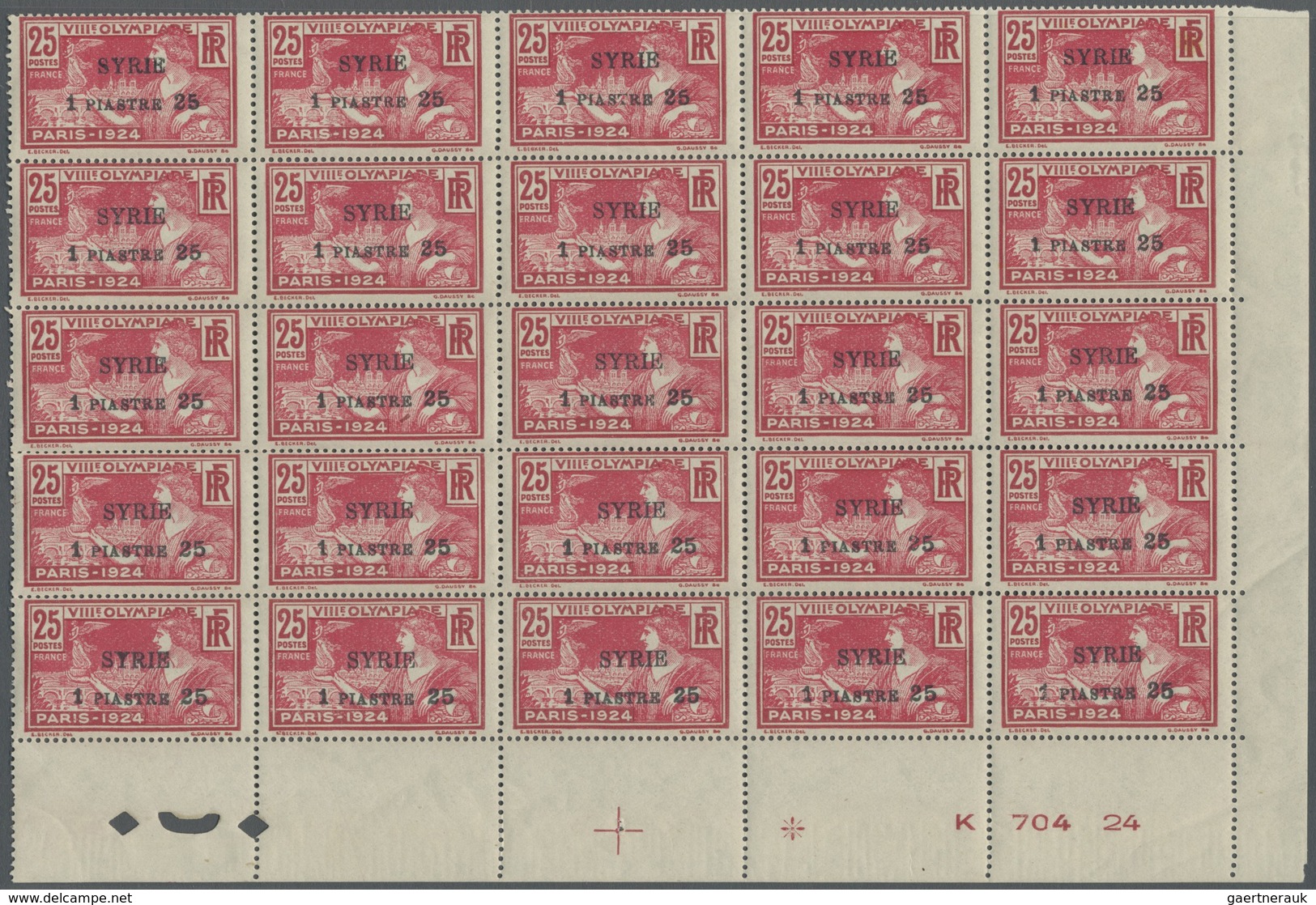 ** Syrien: 1924, Olympic Games, complete set of four values each as (mainly marginal) block of 25 stamp