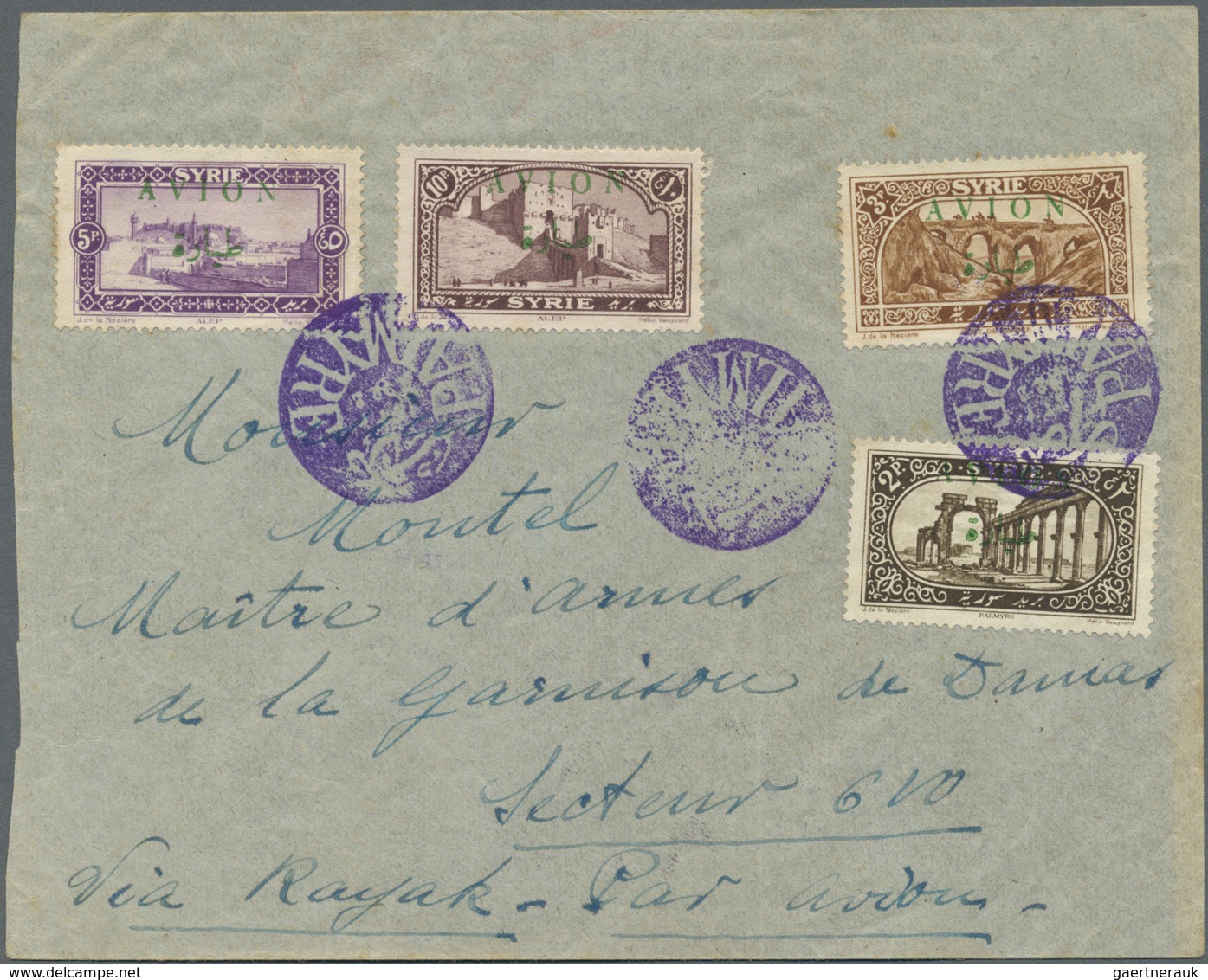 Syrien: 1925, Flight Cover "PALMYRA - DAMASCUS", Dated Aug. 1925, Franked With Air Mail Set Of Four - Syrië