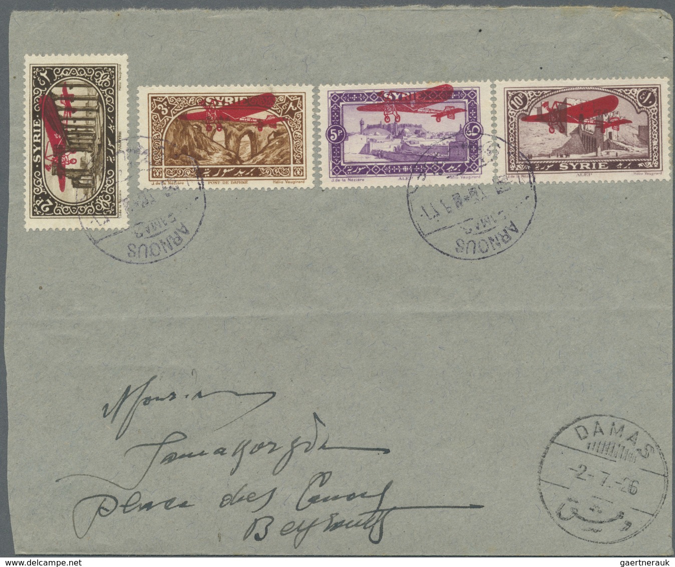 Syrien: 1926, Flight Cover "ARNOUS - DAMASCUS - BEIRUT", Dated 2/July 1926, Franked With Air Mail Se - Syrië