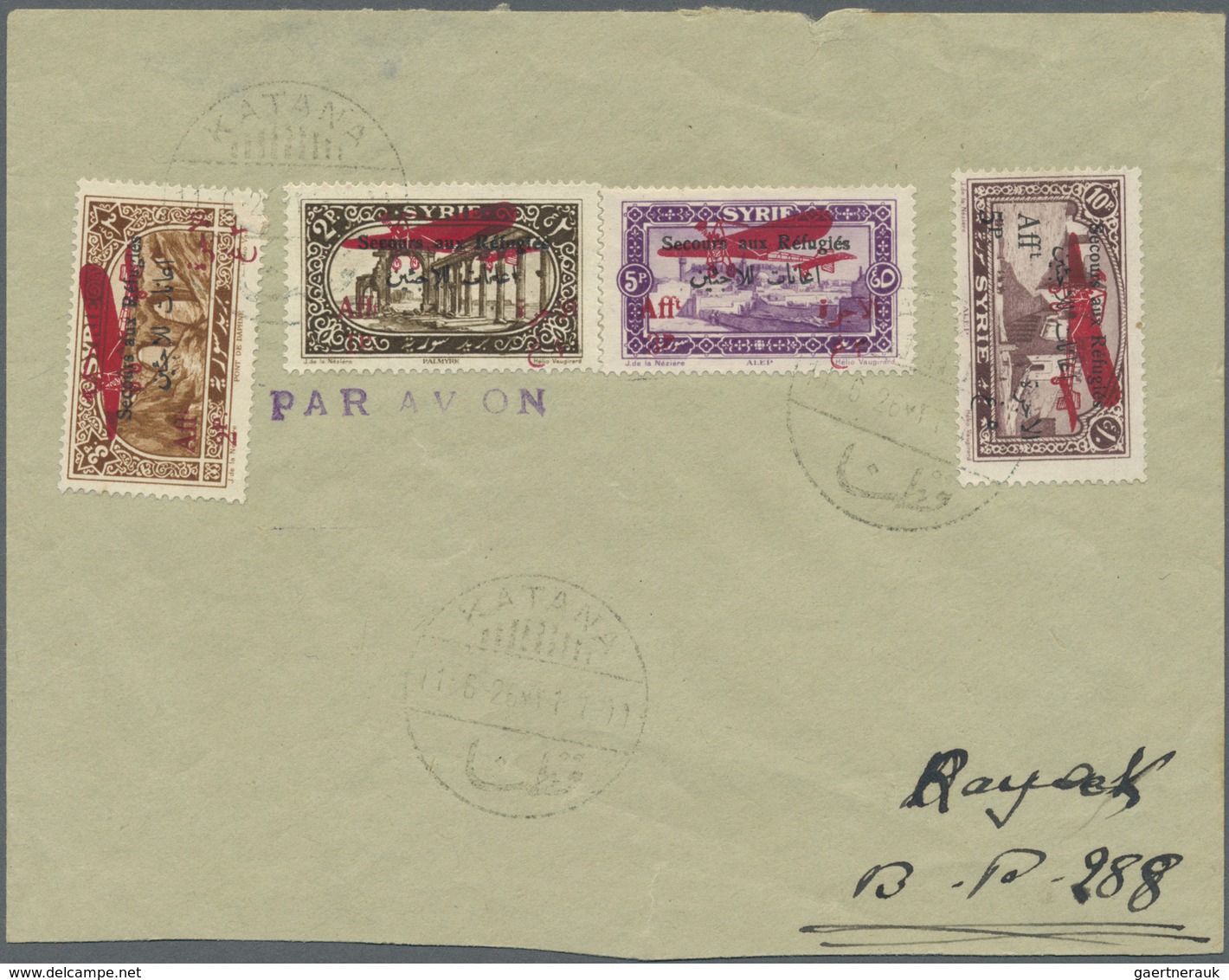 Syrien: 1926, Flight Cover "KATANA - DAMASCUS - RAYAK", Dated 11/July 1926, Franked With Air Mail Se - Syrië